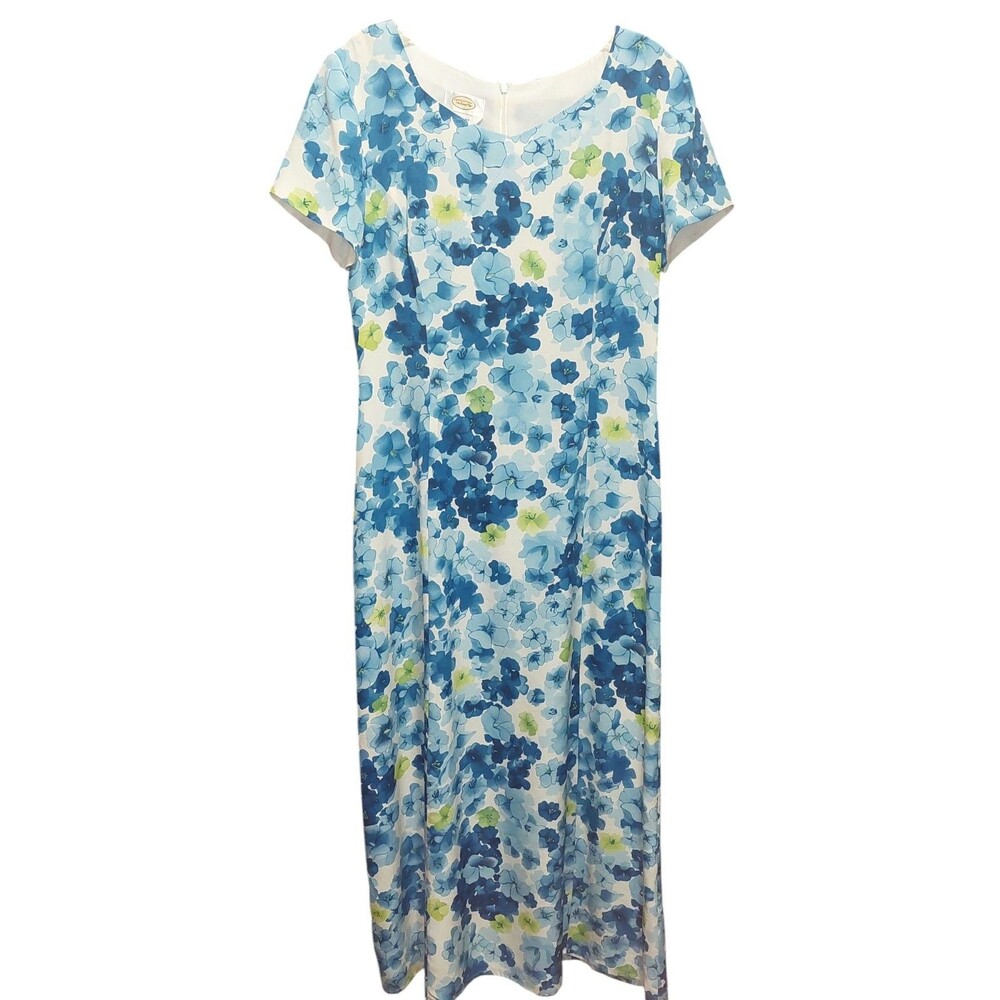 Talbots Pure Silk Maxi Dress White Blue Floral Print Sz 6 Cap Sleeves